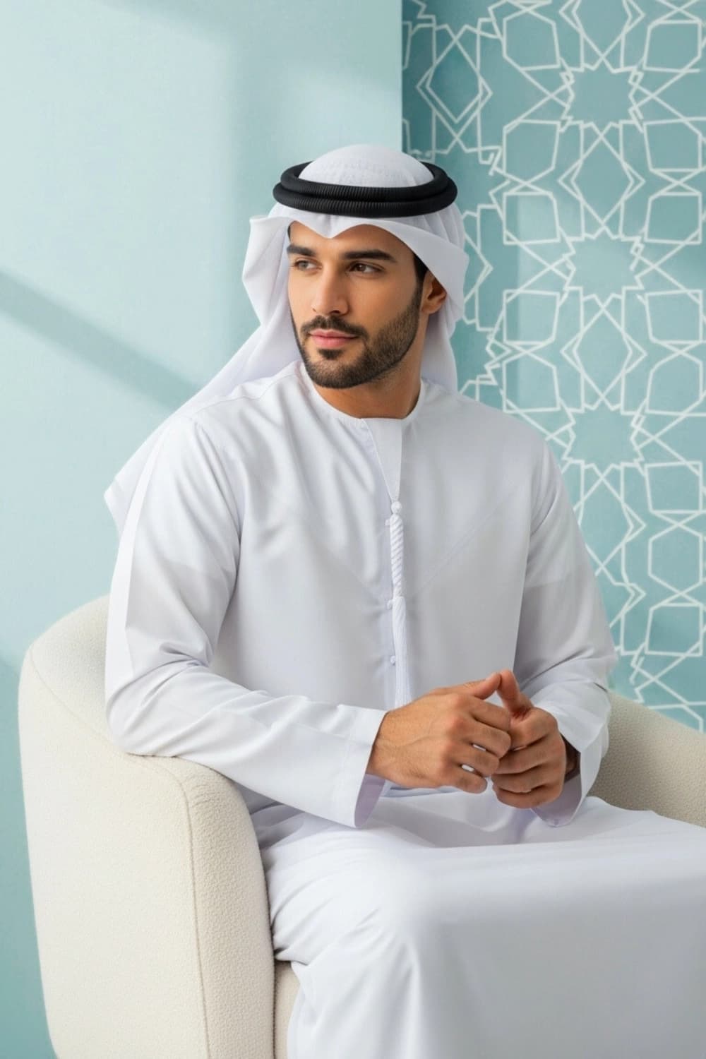 كندورة إماراتية بيضاء | من شباب اليولة بقماش ياباني فاخر - الإصدار الأول - 4