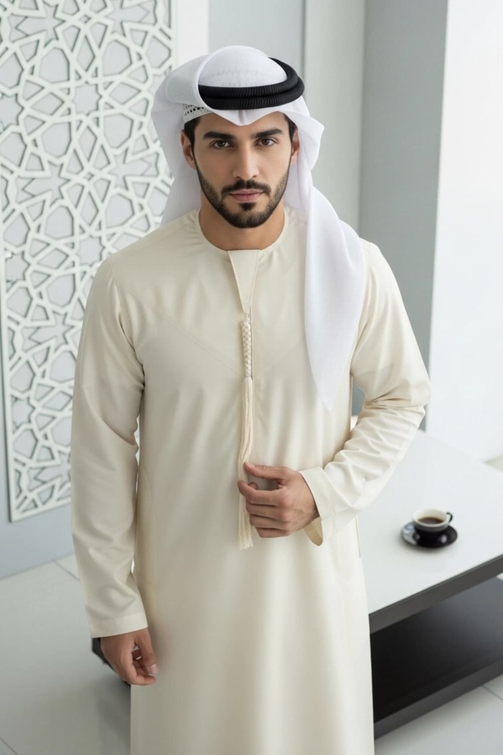 كندورة إماراتية كريمية | من شباب اليولة بقماش ياباني فاخر - إصدار ستيلا - 2