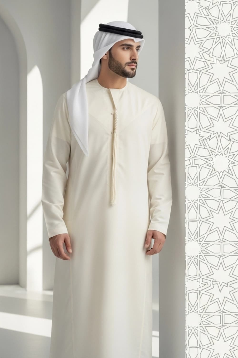كندورة إماراتية كريمية | من شباب اليولة بقماش ياباني فاخر - إصدار ستيلا - 3