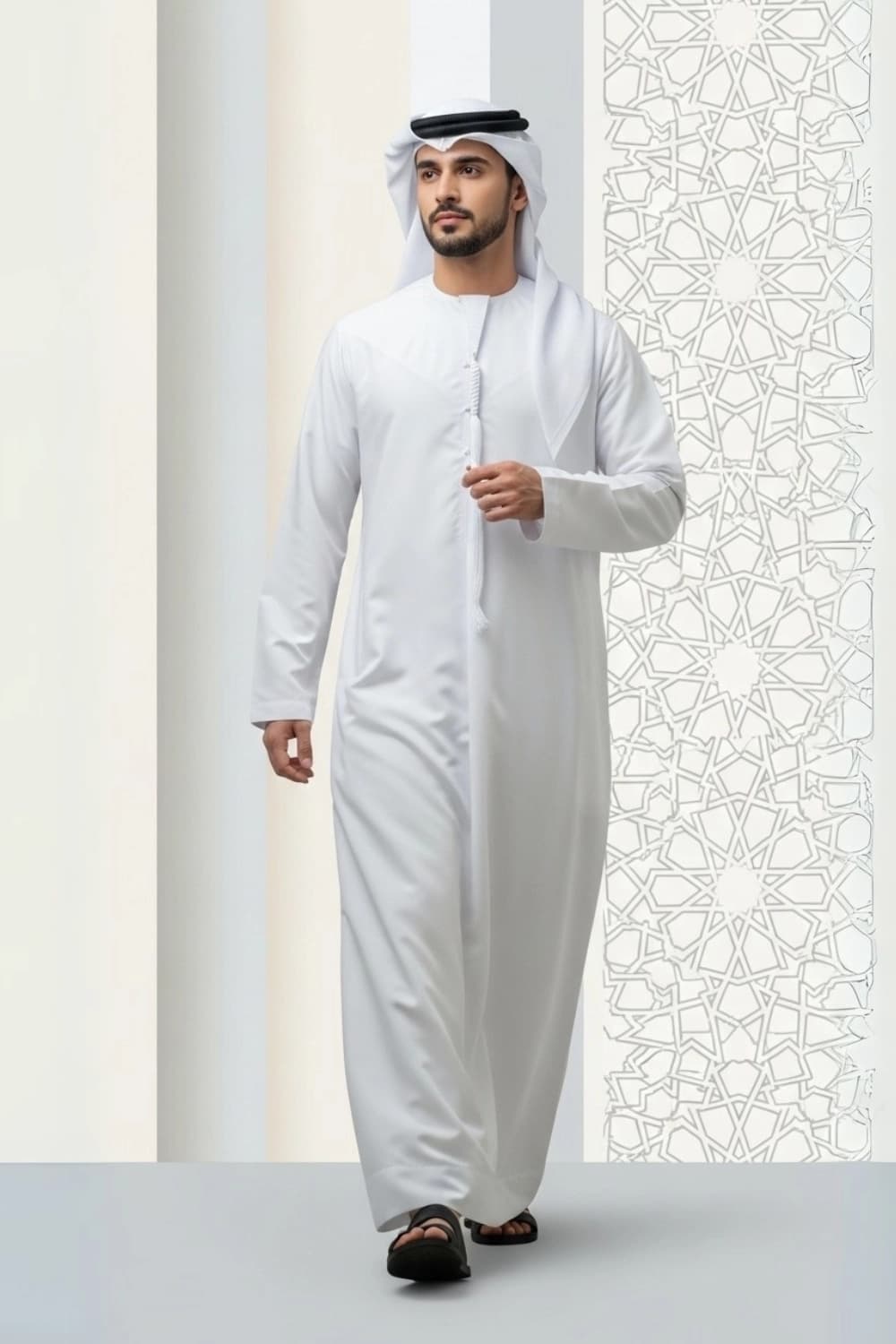 كندورة إماراتية باللون الأبيض المائل للصفرة | من شباب اليولة بقماش ياباني فاخر - 1