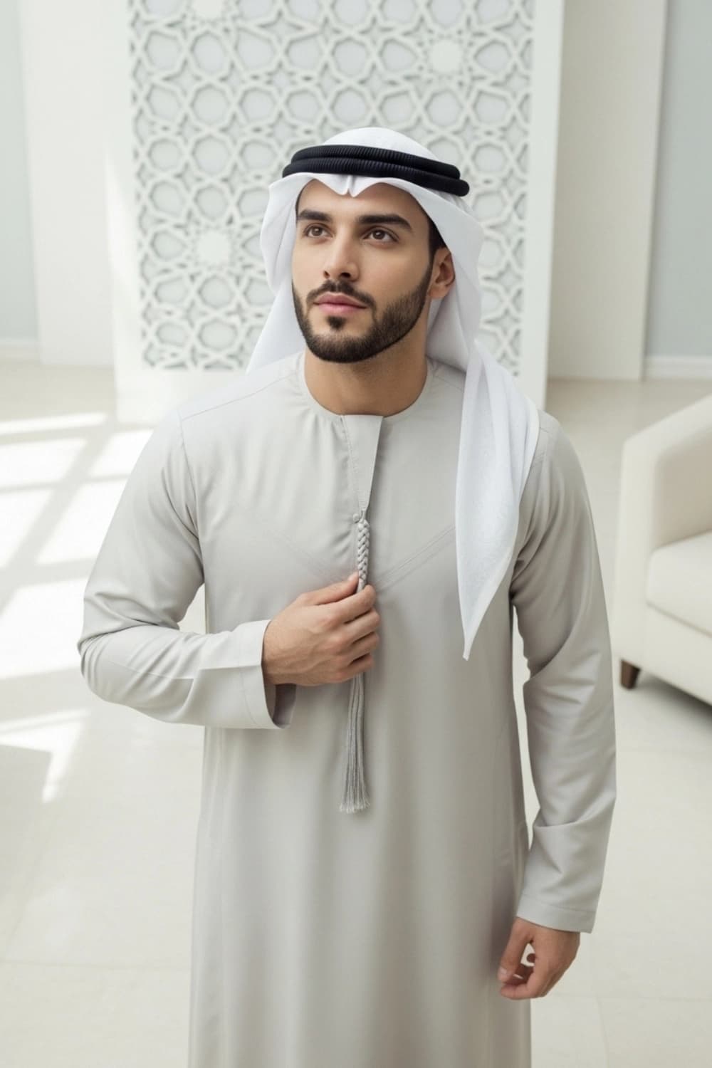 كندورة إماراتية بلون رمادي كريمي | من شباب اليولة بقماش ياباني فاخر - إصدار ستيلا - 2