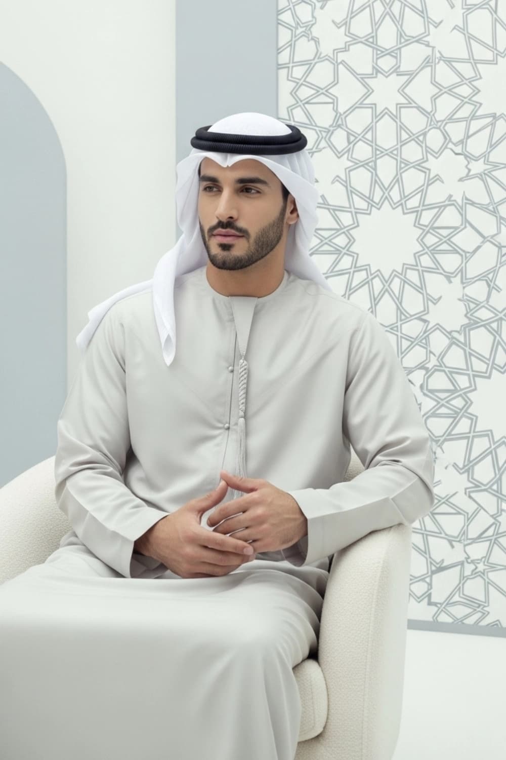 كندورة إماراتية بلون رمادي كريمي | من شباب اليولة بقماش ياباني فاخر - إصدار ستيلا - 3