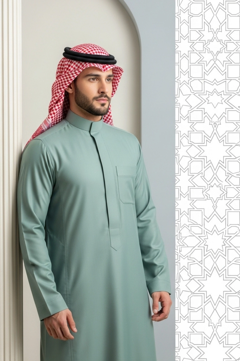 ثوب سعودي بلون أخضر المريمية | تصميم شباب اليولة | أجود الأقمشة - إصدار إيليت - 2