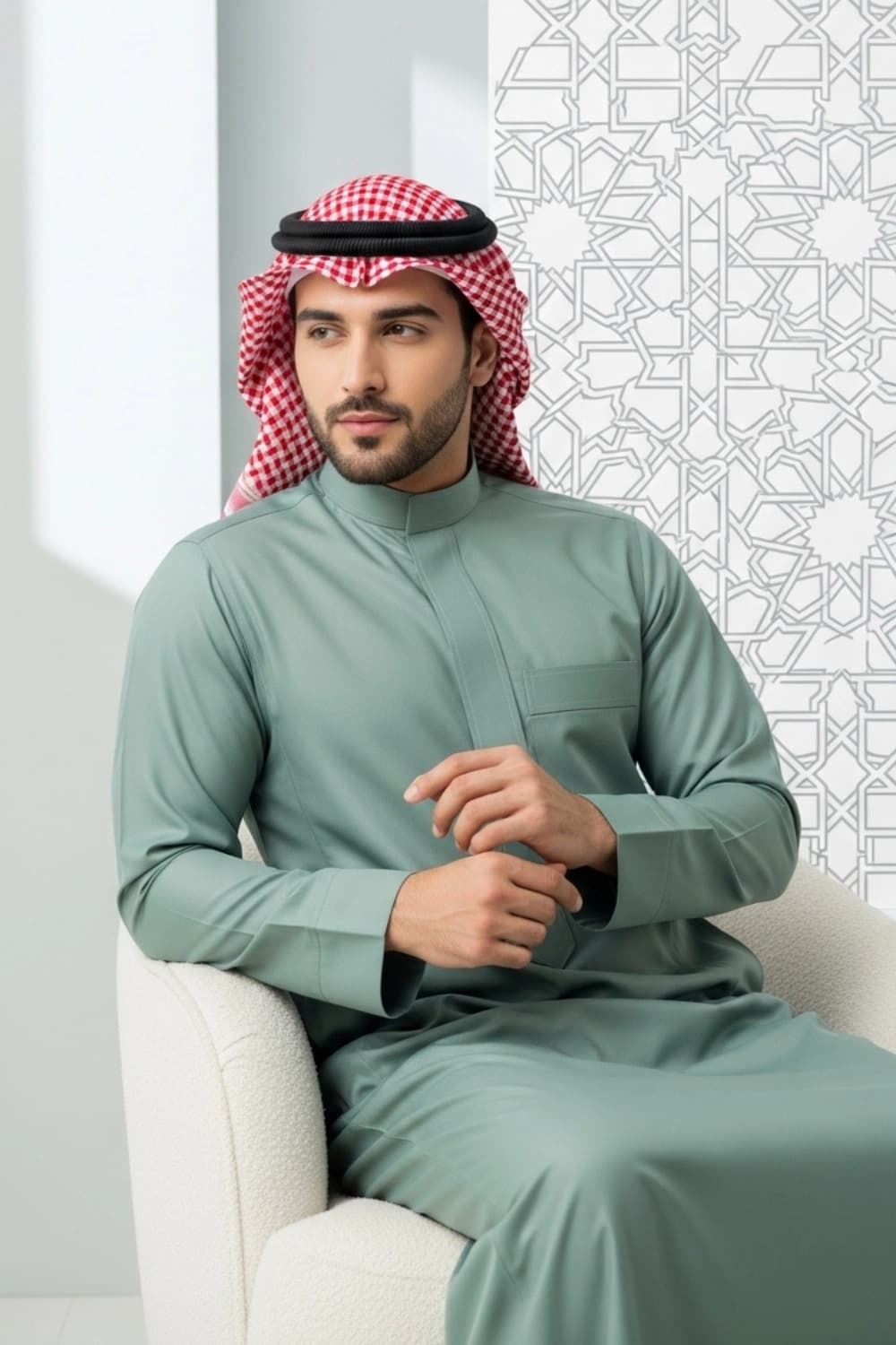 ثوب سعودي بلون أخضر المريمية | تصميم شباب اليولة | أجود الأقمشة - إصدار إيليت - 3