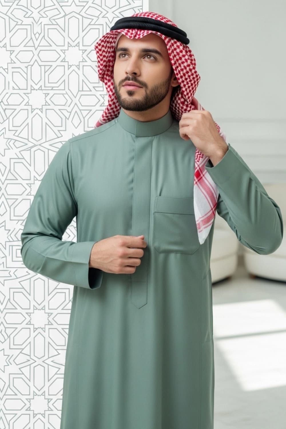 ثوب سعودي بلون أخضر المريمية | تصميم شباب اليولة | أجود الأقمشة - إصدار إيليت - 4